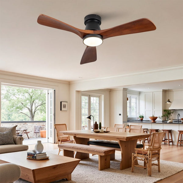 English Elm 42 Inch Flush Mount Ceiling Fan with Solid Wood Blades Dimmable LED and DC Motor W2991P397224