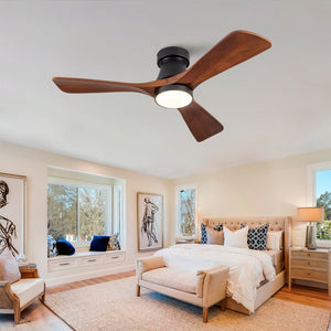 English Elm 42 Inch Flush Mount Ceiling Fan with Solid Wood Blades Dimmable LED and DC Motor W2991P397224