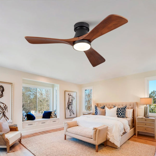 English Elm 42 Inch Flush Mount Ceiling Fan with Solid Wood Blades Dimmable LED and DC Motor W2991P397224