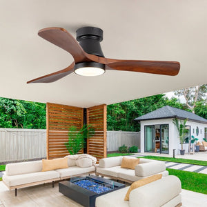 English Elm 42 Inch Flush Mount Ceiling Fan with Solid Wood Blades Dimmable LED and DC Motor W2991P397224