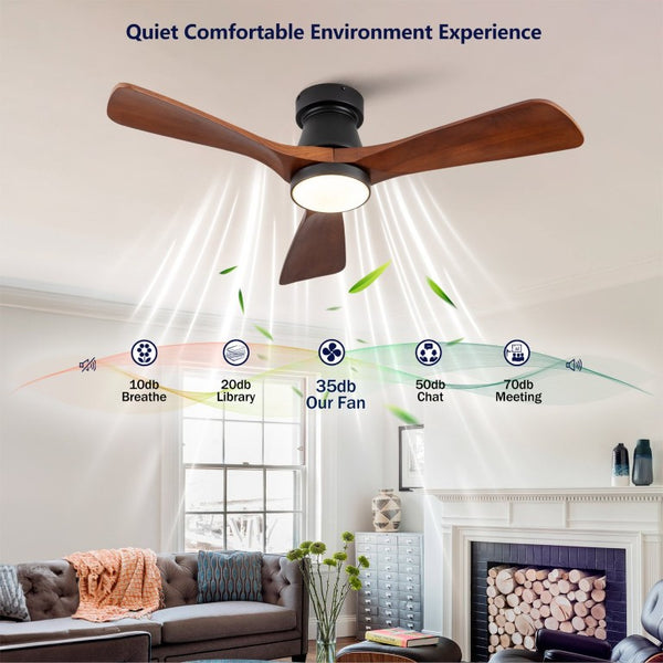 English Elm 42 Inch Flush Mount Ceiling Fan with Solid Wood Blades Dimmable LED and DC Motor W2991P397224