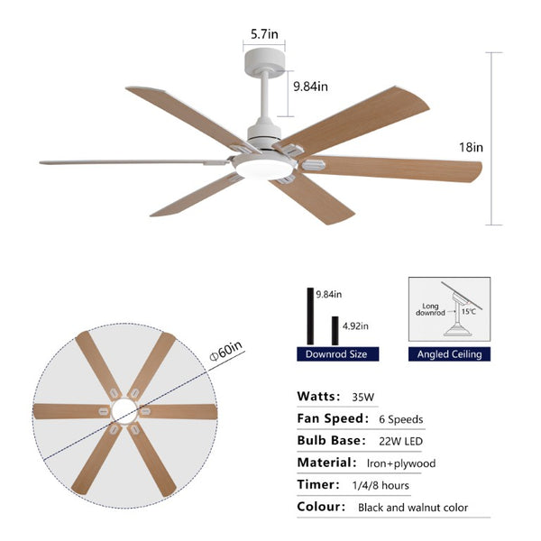English Elm Smart 60 Inch Indoor Outdoor Ceiling Fan Dimmable LED Reversible Blades DC Motor Oak Natural Wood + OFF White W2991P397350