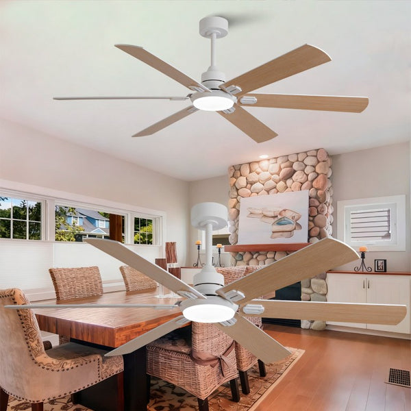 English Elm Smart 60 Inch Indoor Outdoor Ceiling Fan Dimmable LED Reversible Blades DC Motor Oak Natural Wood + OFF White W2991P397350