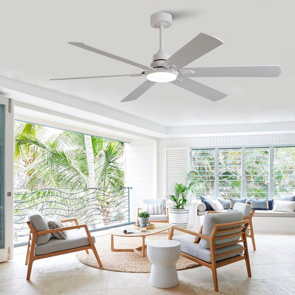 English Elm Smart 60 Inch Indoor Outdoor Ceiling Fan Dimmable LED Reversible Blades DC Motor Oak Natural Wood + OFF White W2991P397350