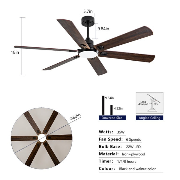 English Elm Smart 60 Inch Indoor Outdoor Ceiling Fan Dimmable LED Reversible Blades DC Motor Black + Dark Walnut W2991P397361