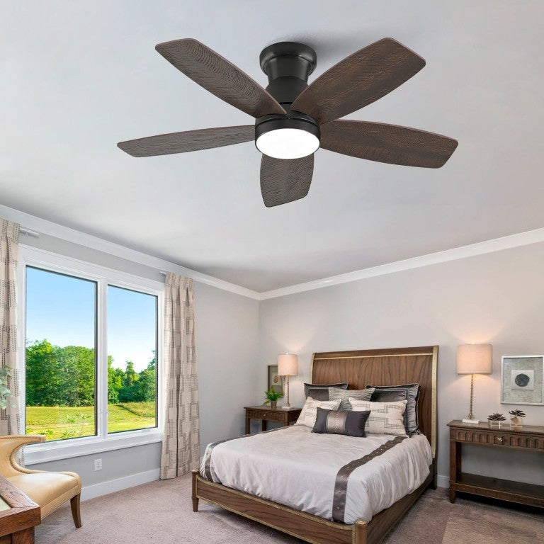 English Elm 32-Inch Flush Mount Ceiling Fan Dimmable Light Remote DC Motor Walnut Blades Matte Black W2991P397568