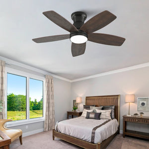 English Elm 32-Inch Flush Mount Ceiling Fan Dimmable Light Remote DC Motor Walnut Blades Matte Black W2991P397568