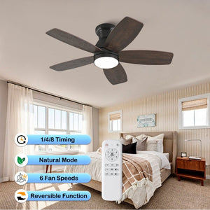 English Elm 32-Inch Flush Mount Ceiling Fan Dimmable Light Remote DC Motor Walnut Blades Matte Black W2991P397568