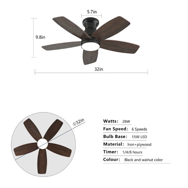 English Elm 32-Inch Flush Mount Ceiling Fan Dimmable Light Remote DC Motor Walnut Blades Matte Black W2991P397568