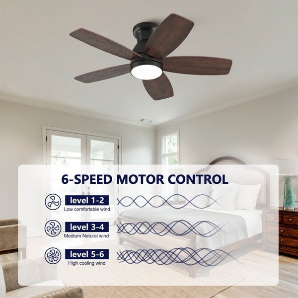 English Elm 32-Inch Flush Mount Ceiling Fan Dimmable Light Remote DC Motor Walnut Blades Matte Black W2991P397568
