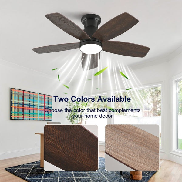 English Elm 32-Inch Flush Mount Ceiling Fan Dimmable Light Remote DC Motor Walnut Blades Matte Black W2991P397568