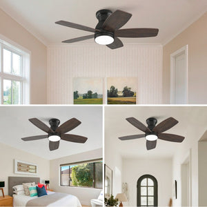 English Elm 32-Inch Flush Mount Ceiling Fan Dimmable Light Remote DC Motor Walnut Blades Matte Black W2991P397568
