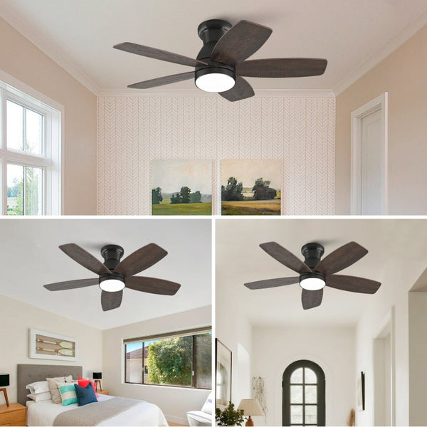 English Elm 32-Inch Flush Mount Ceiling Fan Dimmable Light Remote DC Motor Walnut Blades Matte Black W2991P397568