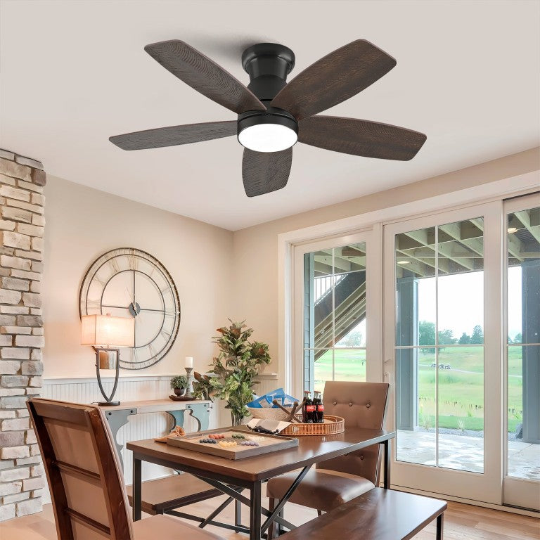 English Elm 32-Inch Flush Mount Ceiling Fan Dimmable Light Remote DC Motor Walnut Blades Matte Black W2991P397568