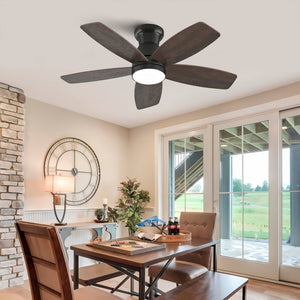English Elm 32-Inch Flush Mount Ceiling Fan Dimmable Light Remote DC Motor Walnut Blades Matte Black W2991P397568