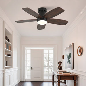 English Elm 32-Inch Flush Mount Ceiling Fan Dimmable Light Remote DC Motor Walnut Blades Matte Black W2991P397568