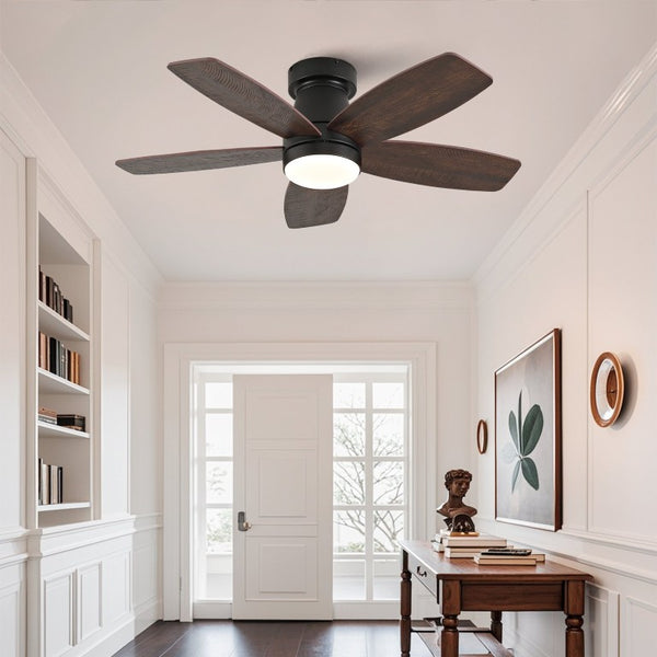 English Elm 32-Inch Flush Mount Ceiling Fan Dimmable Light Remote DC Motor Walnut Blades Matte Black W2991P397568