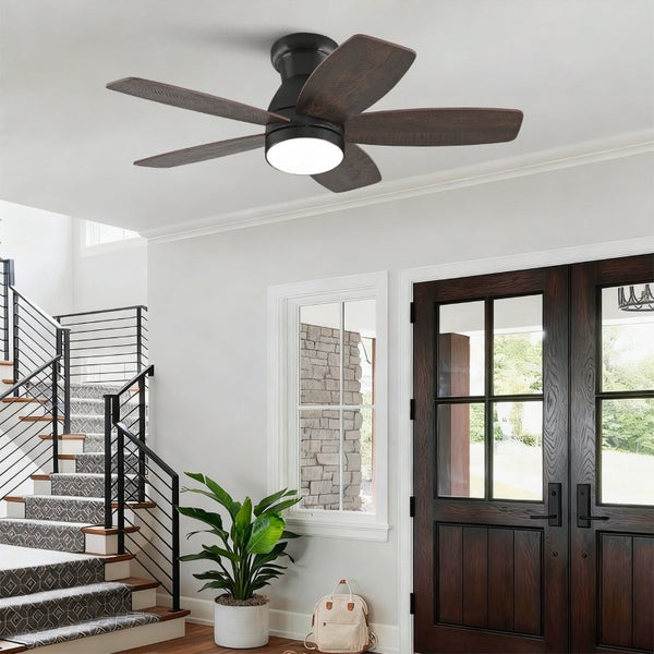 English Elm 32-Inch Flush Mount Ceiling Fan Dimmable Light Remote DC Motor Walnut Blades Matte Black W2991P397568