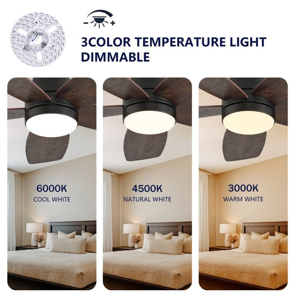 English Elm 32-Inch Flush Mount Ceiling Fan Dimmable Light Remote DC Motor Walnut Blades Matte Black W2991P397568