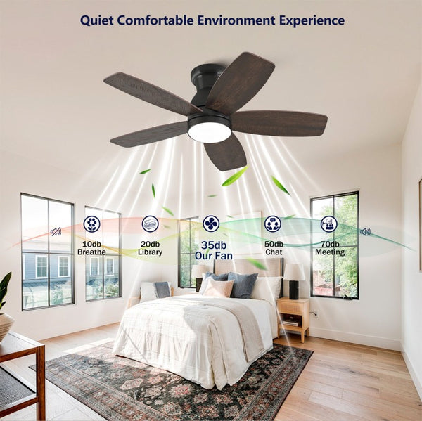 English Elm 32-Inch Flush Mount Ceiling Fan Dimmable Light Remote DC Motor Walnut Blades Matte Black W2991P397568