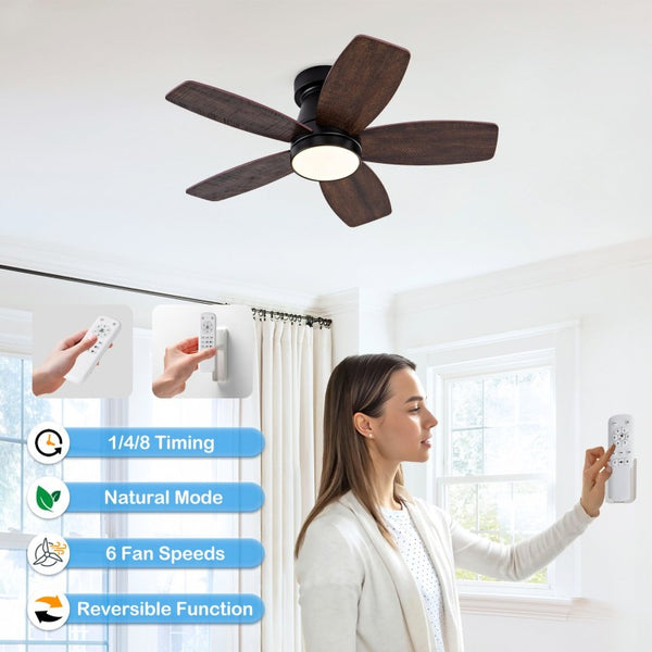 English Elm Ceiling Fan with Remote 32 Inch Flush Mount Dimmable LED Light Matte Black Modern W2991P397571