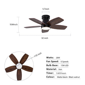 English Elm Ceiling Fan with Remote 32 Inch Flush Mount Dimmable LED Light Matte Black Modern W2991P397571