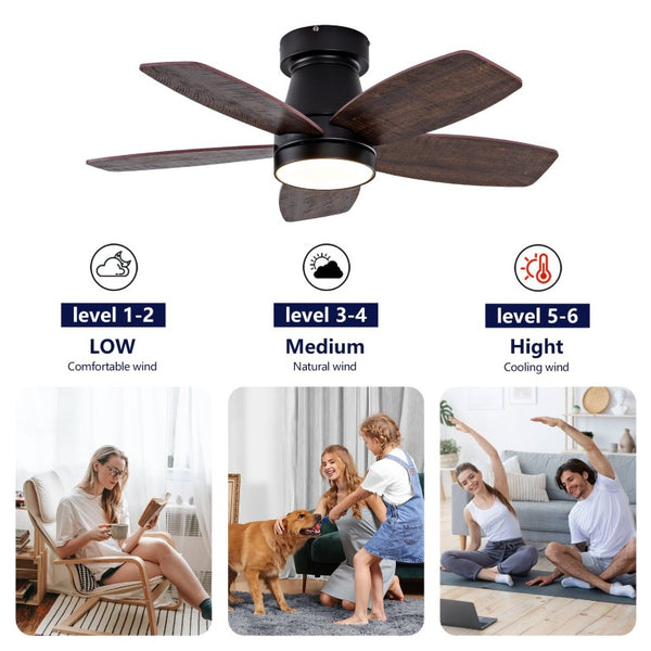 English Elm Ceiling Fan with Remote 32 Inch Flush Mount Dimmable LED Light Matte Black Modern W2991P397571