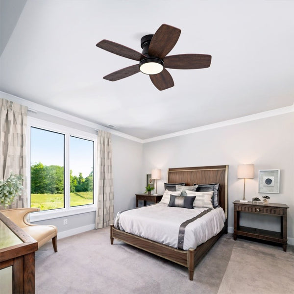 English Elm Ceiling Fan with Remote 32 Inch Flush Mount Dimmable LED Light Matte Black Modern W2991P397571