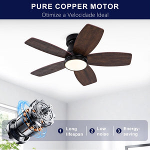 English Elm Ceiling Fan with Remote 32 Inch Flush Mount Dimmable LED Light Matte Black Modern W2991P397571