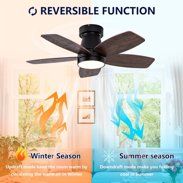 English Elm Ceiling Fan with Remote 32 Inch Flush Mount Dimmable LED Light Matte Black Modern W2991P397571