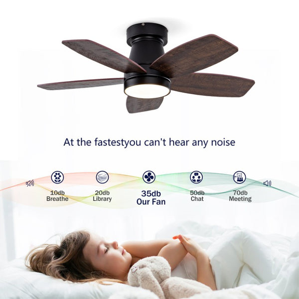 English Elm Ceiling Fan with Remote 32 Inch Flush Mount Dimmable LED Light Matte Black Modern W2991P397571