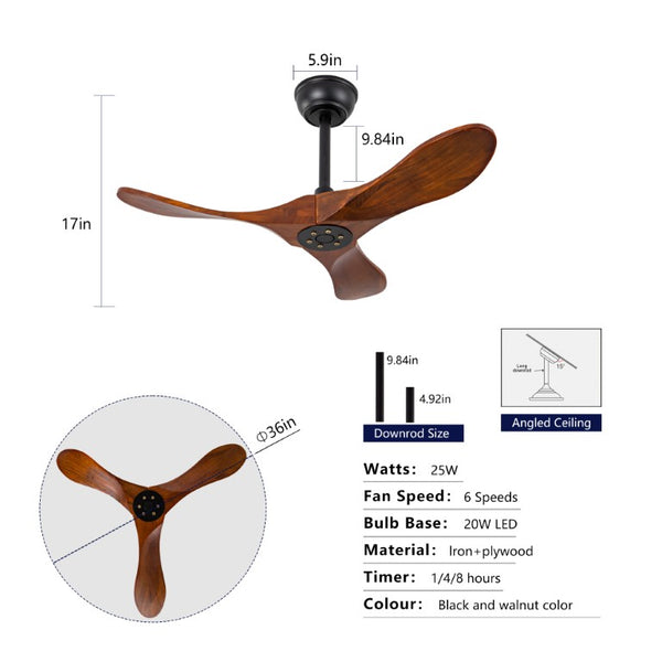 English Elm 36 Inch Solid Sycamore Wood Ceiling Fan Outdoor Water Resistant with Remote Control W2991P406706