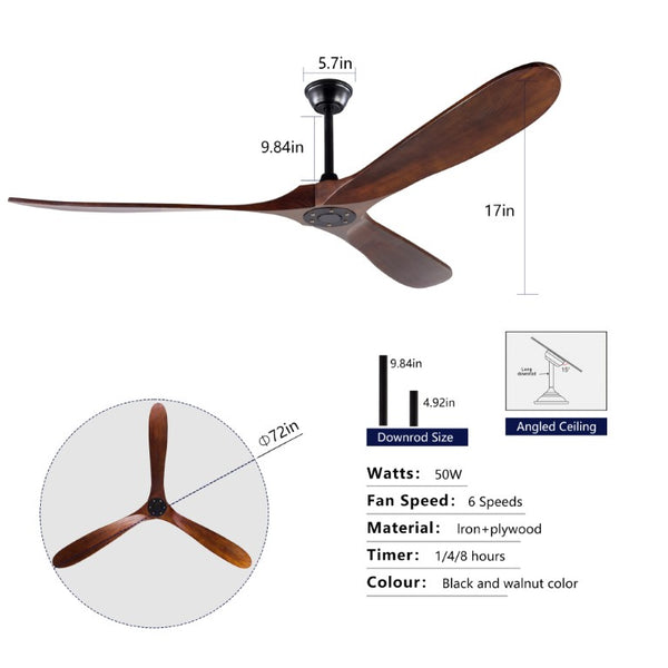 English Elm 72-Inch Solid Wood Blade Ceiling Fan with DC Motor Remote and Walnut Finish for Large Spaces W2991P406709