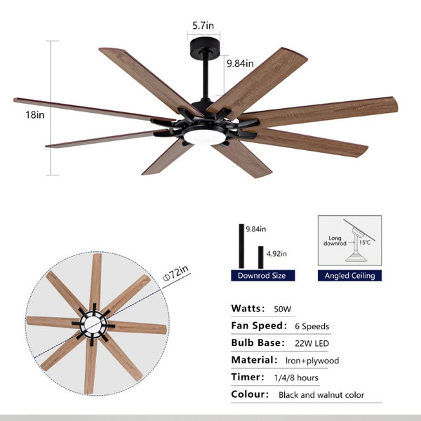 English Elm Large 72 Inch Outdoor Ceiling Fan Dimmable Light Dual Finish 8 Blade Quiet DC Motor W2991P406728