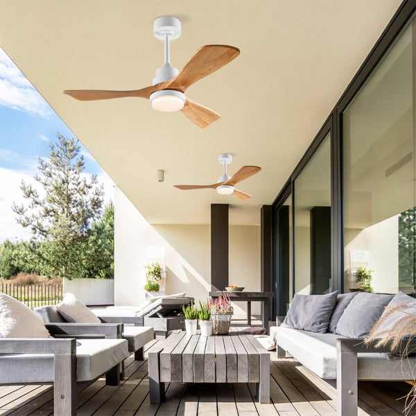 English Elm Hot 42 Inch Sycamore Wood Blade Ceiling Fan with LED Light and Remote Control Oak Natural Wood + Antique White 3 Blades W2991P406911