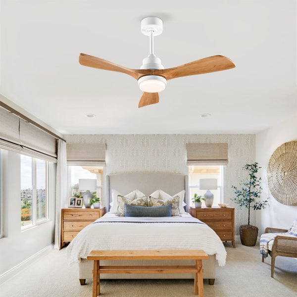 English Elm Hot 42 Inch Sycamore Wood Blade Ceiling Fan with LED Light and Remote Control Oak Natural Wood + Antique White 3 Blades W2991P406911