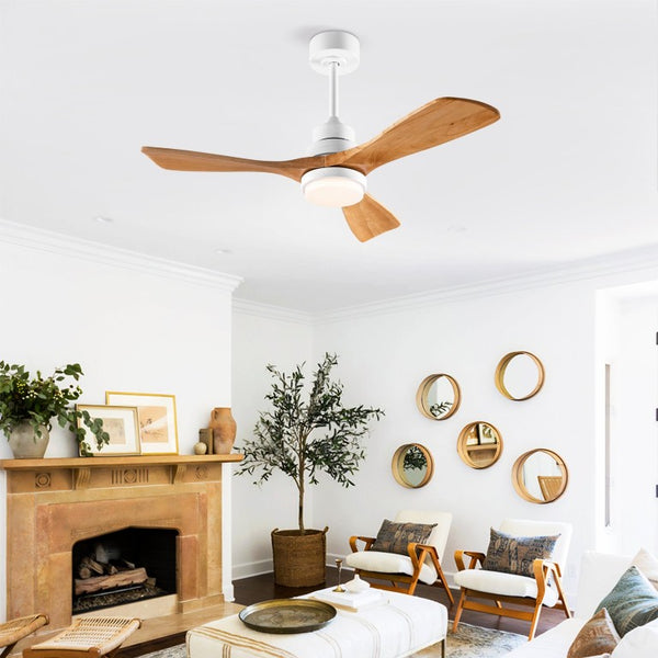 English Elm Hot 42 Inch Sycamore Wood Blade Ceiling Fan with LED Light and Remote Control Oak Natural Wood + Antique White 3 Blades W2991P406911