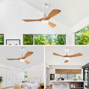 English Elm Hot 42 Inch Sycamore Wood Blade Ceiling Fan with LED Light and Remote Control Oak Natural Wood + Antique White 3 Blades W2991P406911