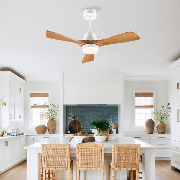 English Elm Hot 42 Inch Sycamore Wood Blade Ceiling Fan with LED Light and Remote Control Oak Natural Wood + Antique White 3 Blades W2991P406911