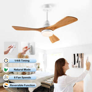 English Elm Hot 42 Inch Sycamore Wood Blade Ceiling Fan with LED Light and Remote Control Oak Natural Wood + Antique White 3 Blades W2991P406911