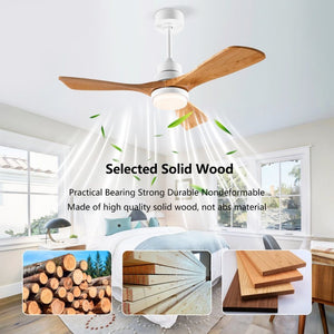 English Elm Hot 42 Inch Sycamore Wood Blade Ceiling Fan with LED Light and Remote Control Oak Natural Wood + Antique White 3 Blades W2991P406911