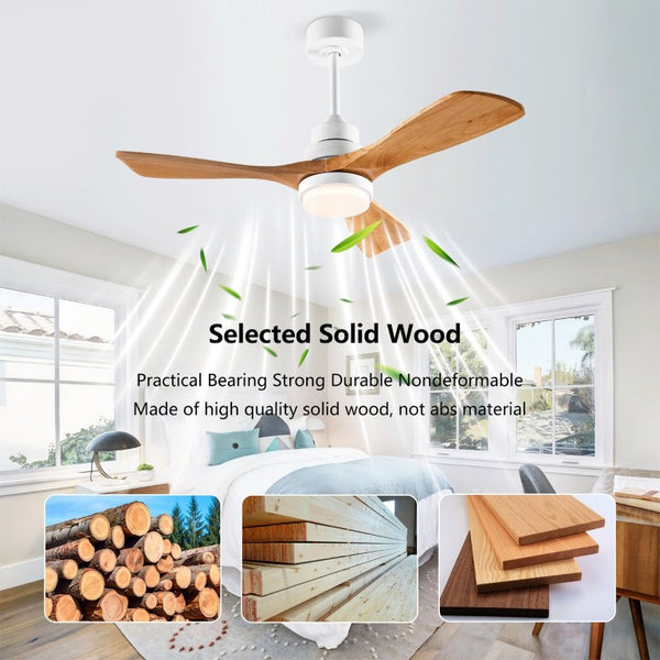 English Elm Hot 42 Inch Sycamore Wood Blade Ceiling Fan with LED Light and Remote Control Oak Natural Wood + Antique White 3 Blades W2991P406911