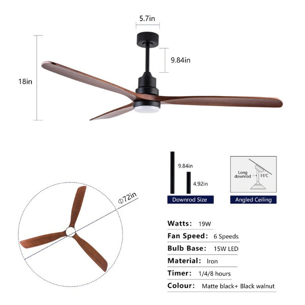 English Elm Hot 72 Inch Sycamore Wood Blade Ceiling Fan with Dimmable LED Light and Remote Black W2991P406913
