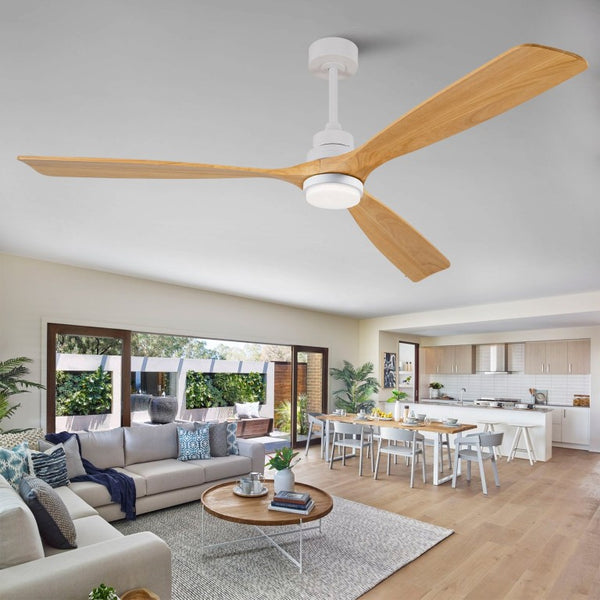 English Elm Hot 72 Inch Sycamore Wood Blade Ceiling Fan with Dimmable LED Light and Remote Oak Natural Wood + Antique White - B W2991P406914