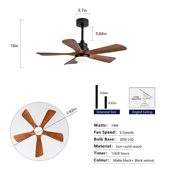 English Elm Black Sycamore Wood Ceiling Fan with LED Light Remote 42 Inch Farmhouse Patio DC Motor W2991P406924