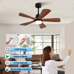English Elm Black Sycamore Wood Ceiling Fan with LED Light Remote 42 Inch Farmhouse Patio DC Motor W2991P406924