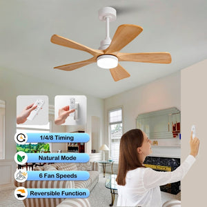 English Elm Hot 42 Inch Sycamore Wood Blade Ceiling Fan with LED Light and Remote Control Oak Natural Wood + Antique White 5 Blades - B W2991P406929