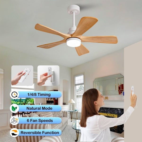 English Elm Hot 42 Inch Sycamore Wood Blade Ceiling Fan with LED Light and Remote Control Oak Natural Wood + Antique White 5 Blades - B W2991P406929