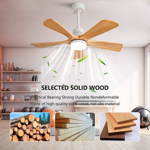 English Elm Hot 42 Inch Sycamore Wood Blade Ceiling Fan with LED Light and Remote Control Oak Natural Wood + Antique White 5 Blades - B W2991P406929