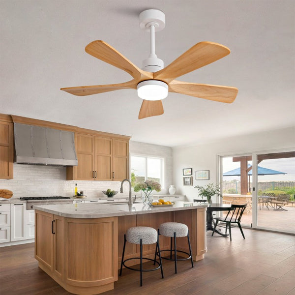 English Elm Hot 42 Inch Sycamore Wood Blade Ceiling Fan with LED Light and Remote Control Oak Natural Wood + Antique White 5 Blades - B W2991P406929